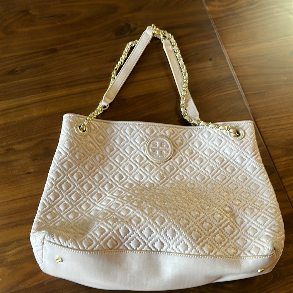 Tory Burch Leather Logo Embossed Quilt Stitch Shoulder Bag Tote Bag
